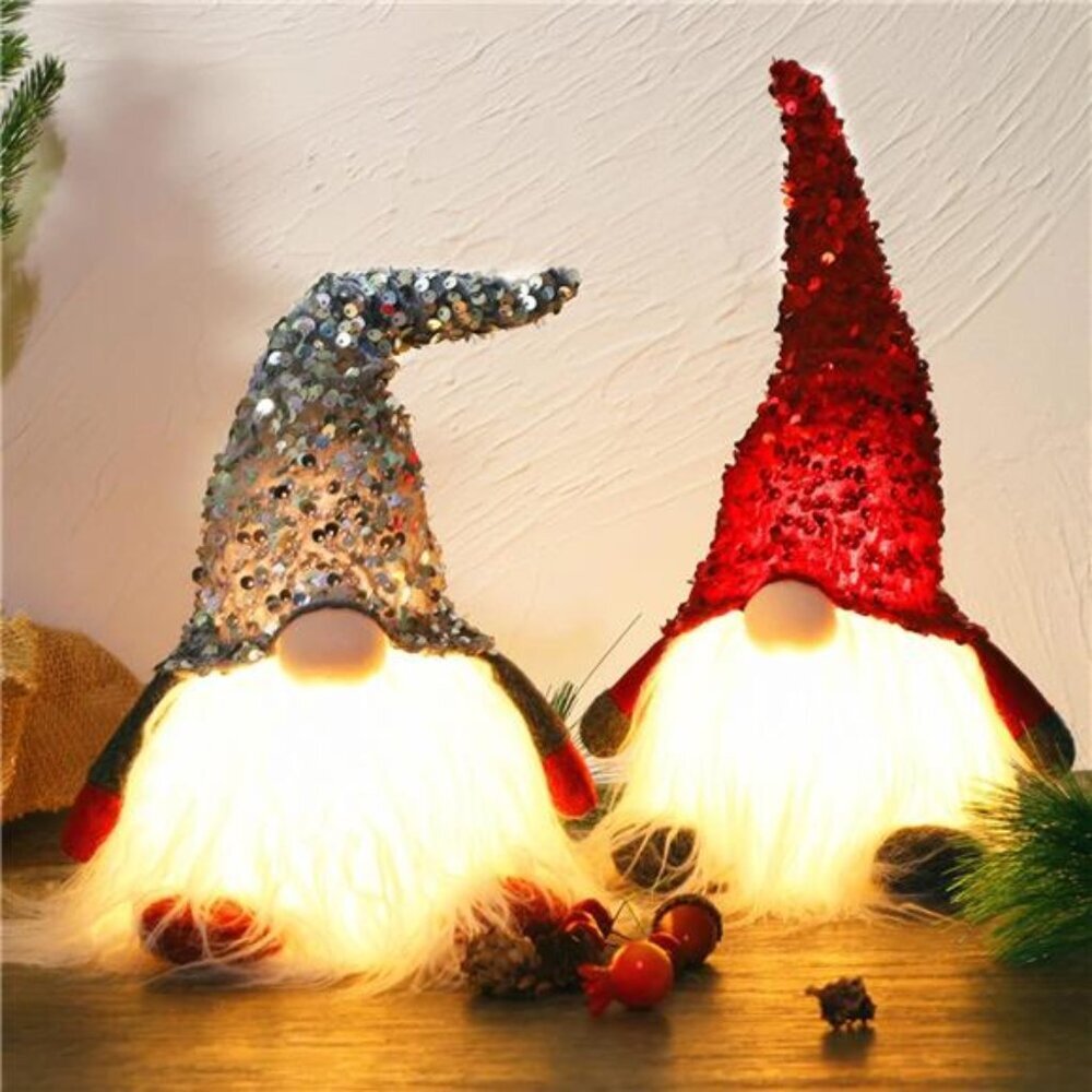 Lighted Christmas Gnome Set Scandinavian Tomte Plush Elf Tabletop Holiday Decor